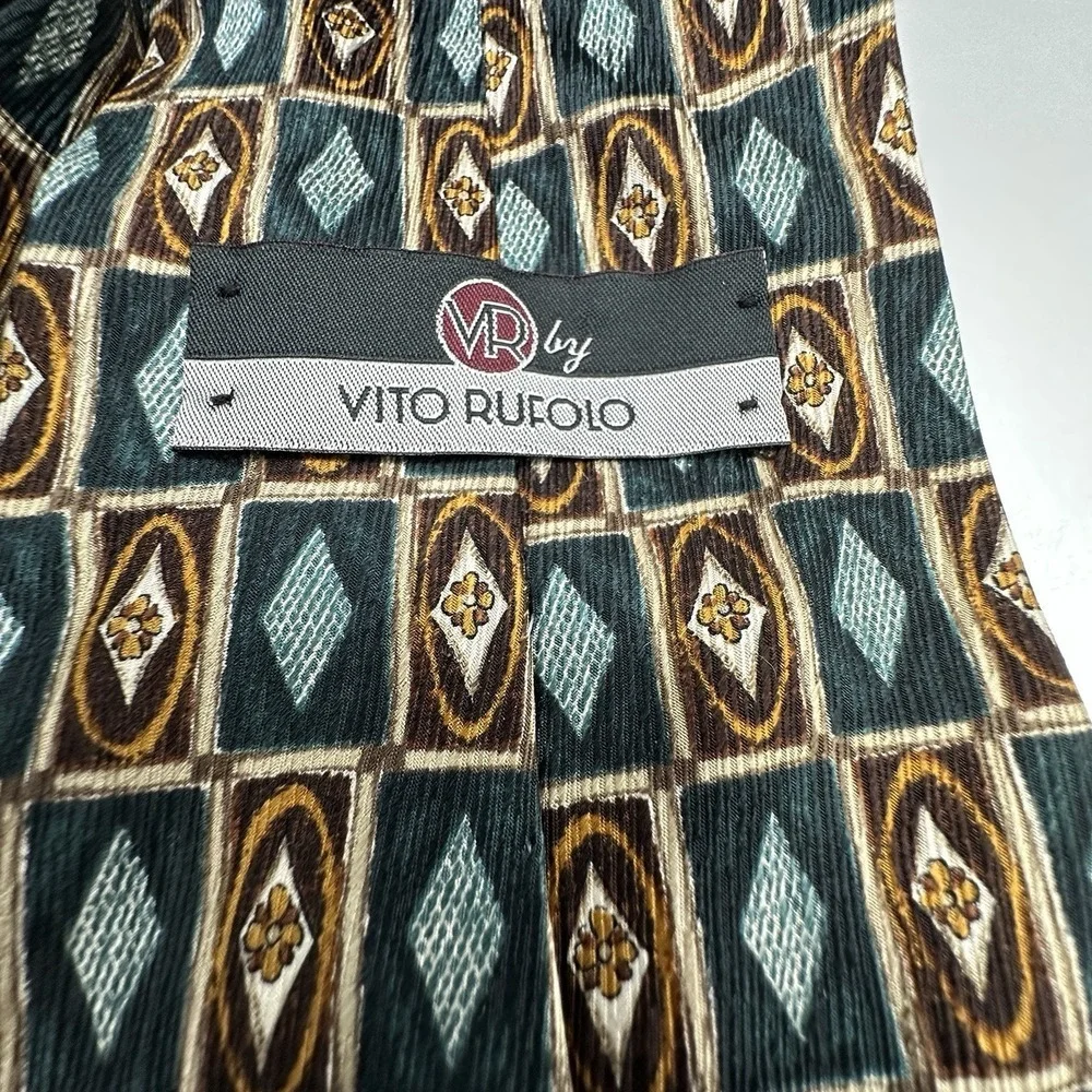 Vito Rufolo Silk‎ Tie Mens Geometric Diamond Floral Teal Brown Handmade Italy